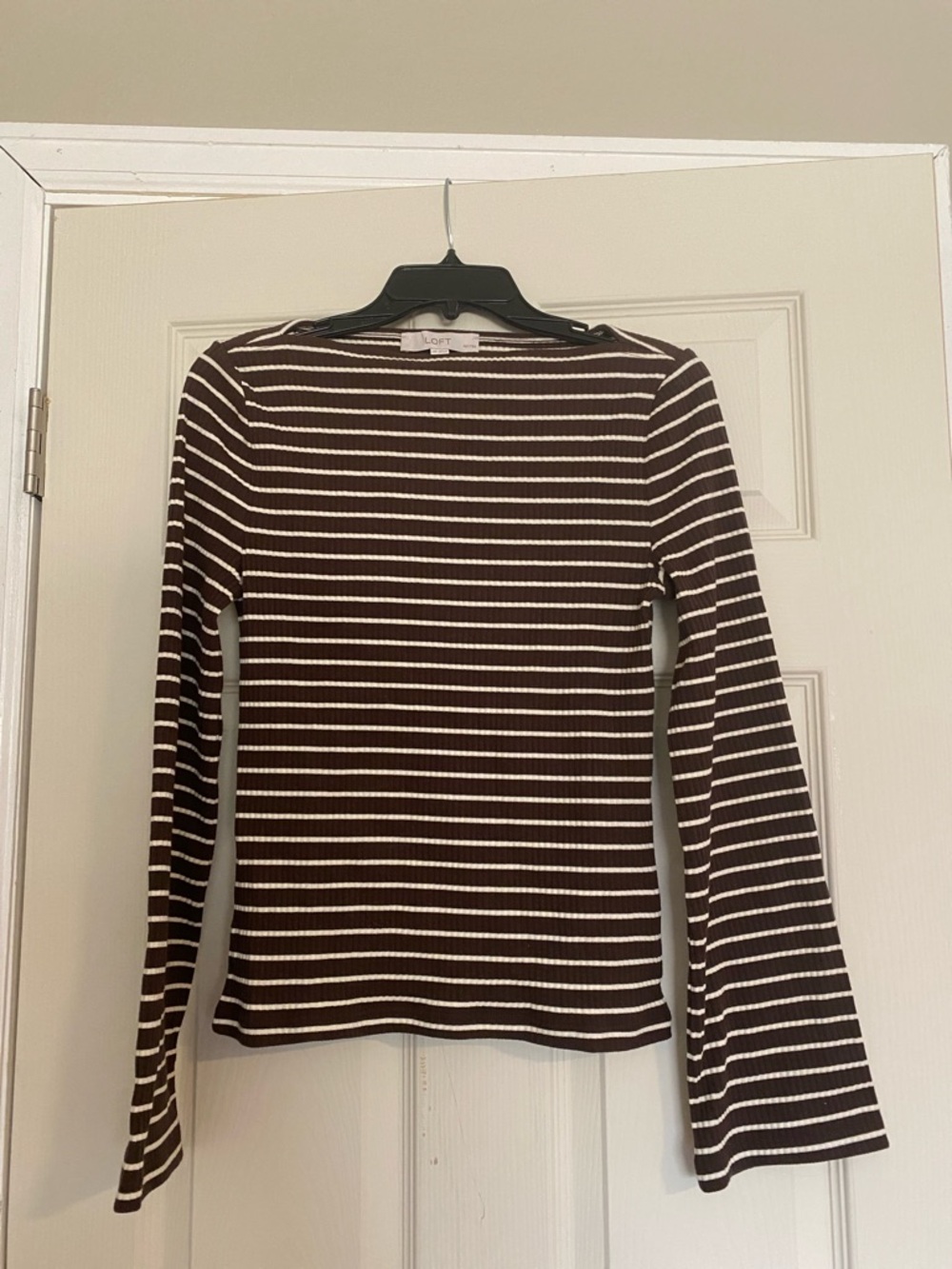 LOFT Brown and White Striped Long Sleeve Ribbed Top